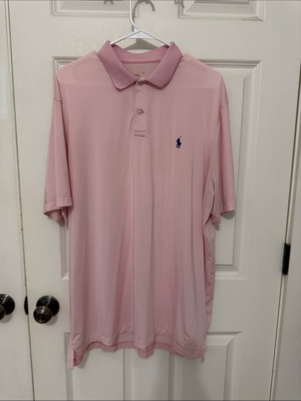 Polo by Ralph Lauren Men’s Light Pink Striped Polo with Navy Logo size XL Golf